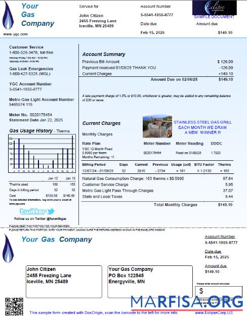 Printable USA Your Gas Company utility bill template in Word and PDF formats